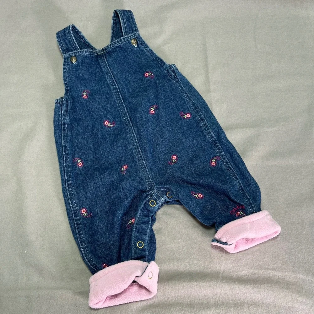 OshKosh Baby Denim Overalls Blue Embroidered Flowers Pink Fleece Trimmed 3-6M